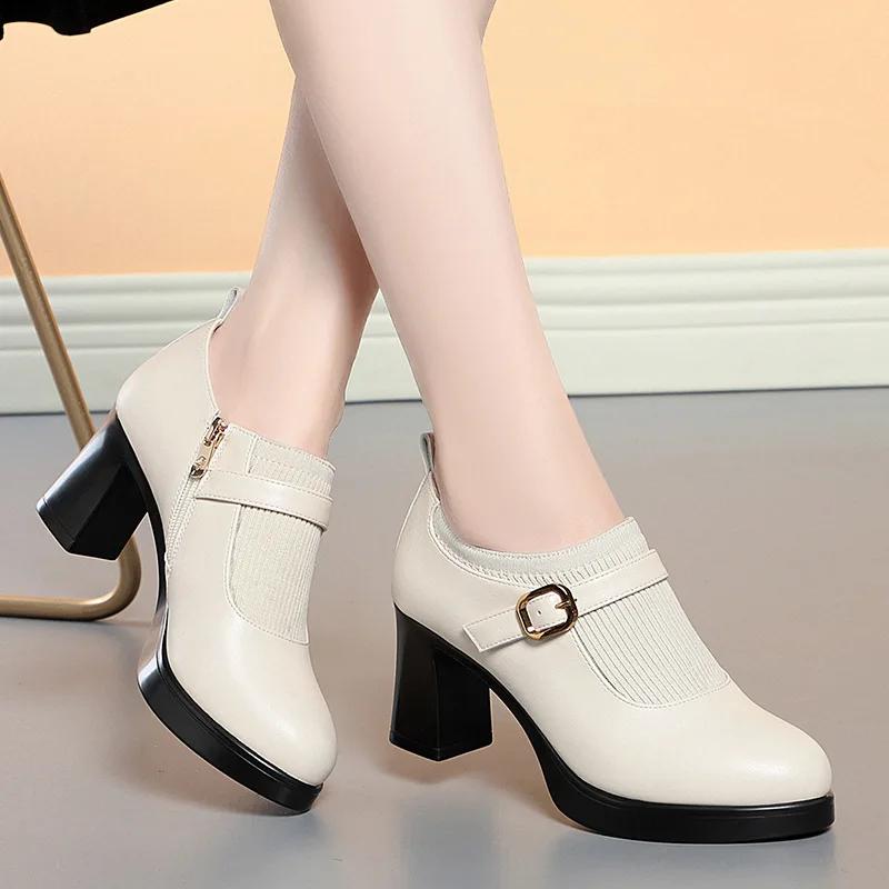 

7 см Удобные Туфли-лодочки на платформе с глубоким вырезом и гибкой пряжкой Женские 2025 Весна Туфли на высоком блочном каблуке для офиса Модель Мама Кожа 38