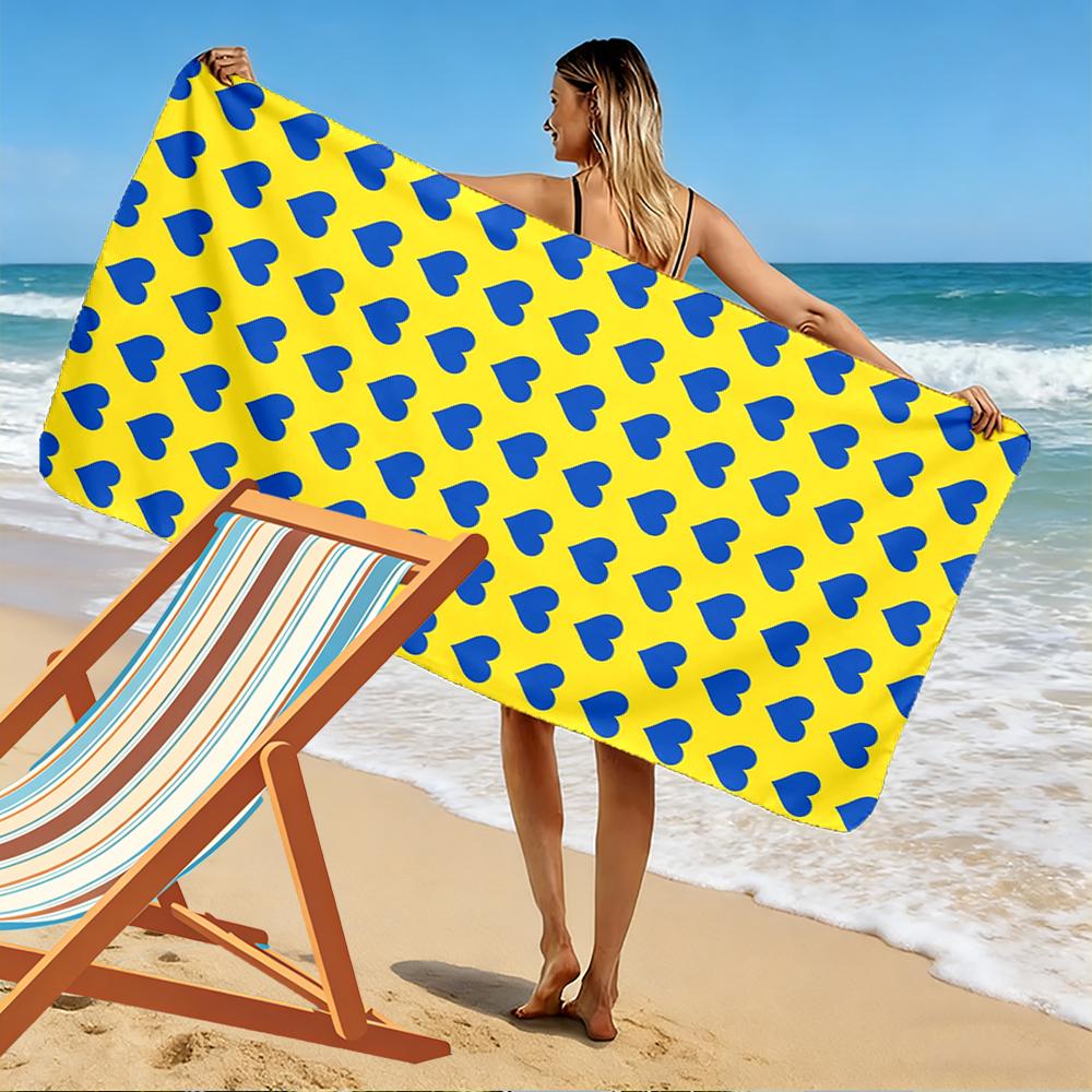 Blue Hearts on Yellow Background Beach towel quick-drying for travel outdoor sports jogging beach and swimming