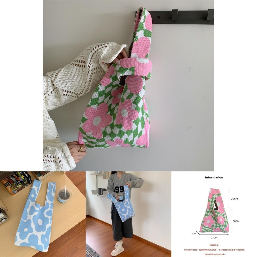 Chic Knitted Shoulder Bag With Colorful Woven Flowers For Stylish Everyday Use