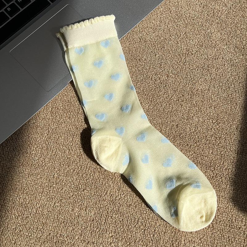 Ladies Spring and Summer Thin Love Crystal Silk Auricle Lace Breathable Cylinder Stack Socks