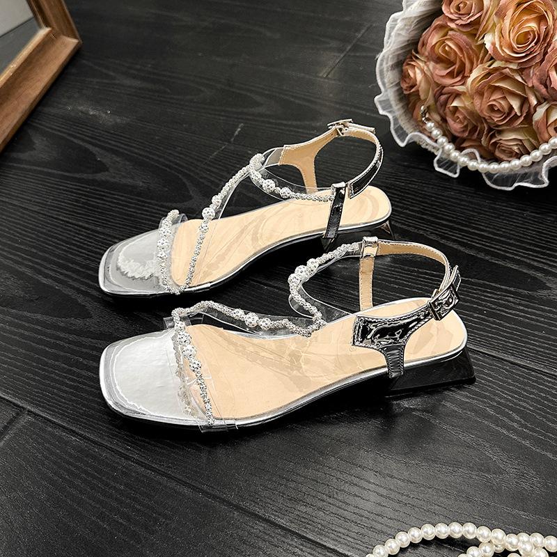

Women s Square Toe Glitter Diamond One Strap Summer Chunky Heel Fairy Style Sandals 43