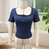 Women Tops Slim Fit Square Neck Rib Knitted Shirt Pure Color Short Sleeve Lace Splicing Stretchy Tops with Buttons Detail Daily Wear