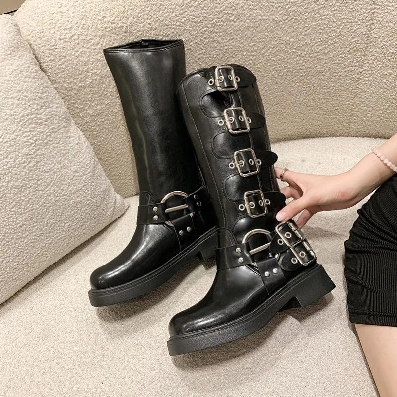 Womens Knee-high Boots Fashion Western Cowboy Boots Casual Leather Boots for Women Belt Buckle Punk Boot Mid Calf Boot