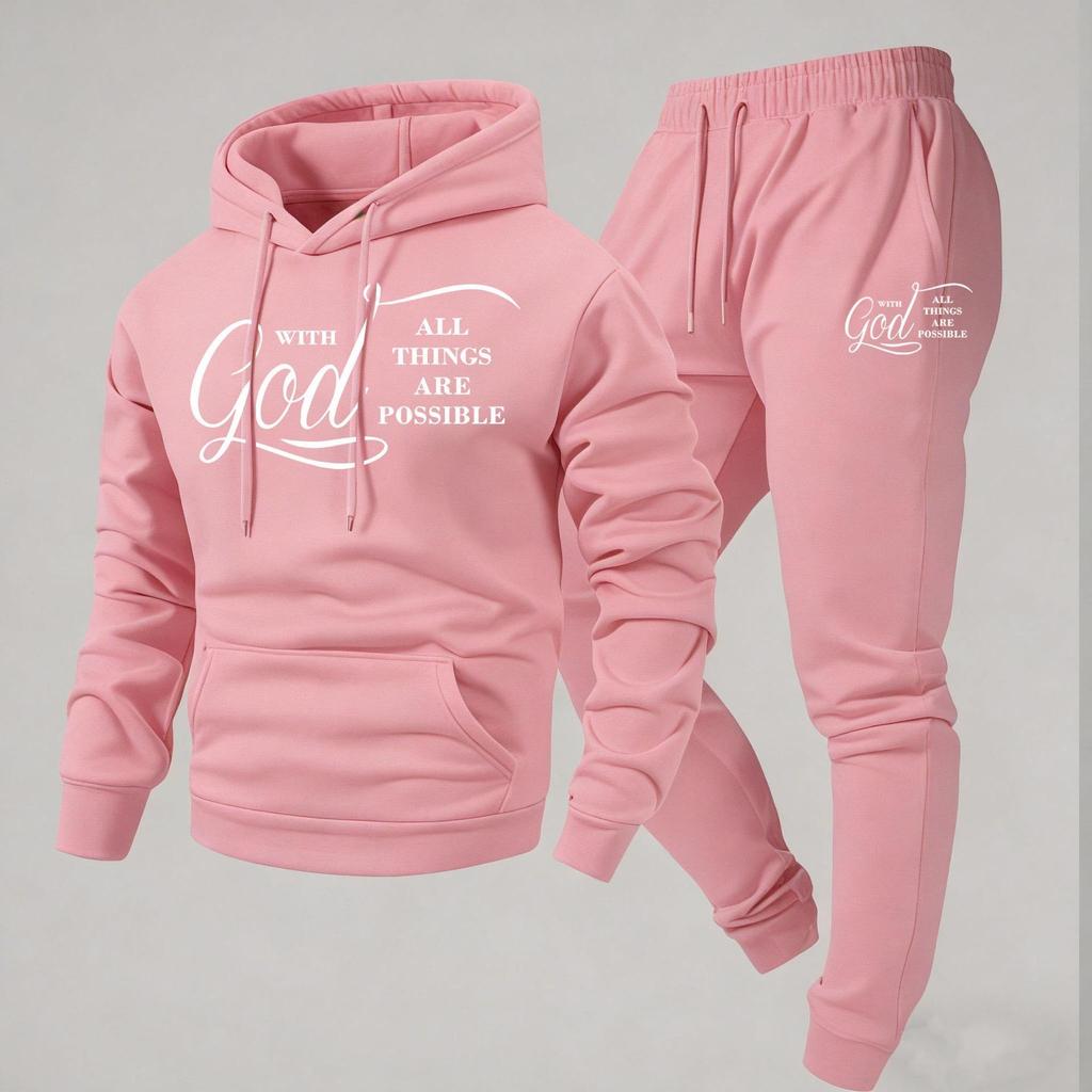 2026 New Arrival Men's Letter Print Hoodie & Pants Set - European and American Style, Hot Selling Two-Piece Outfit