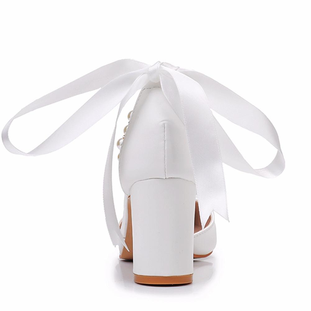 7cm Thick Heel Pointed Sandals Straps for Women's Sandals White Beaded Wedding Bride High Heels Large Size Shoes
