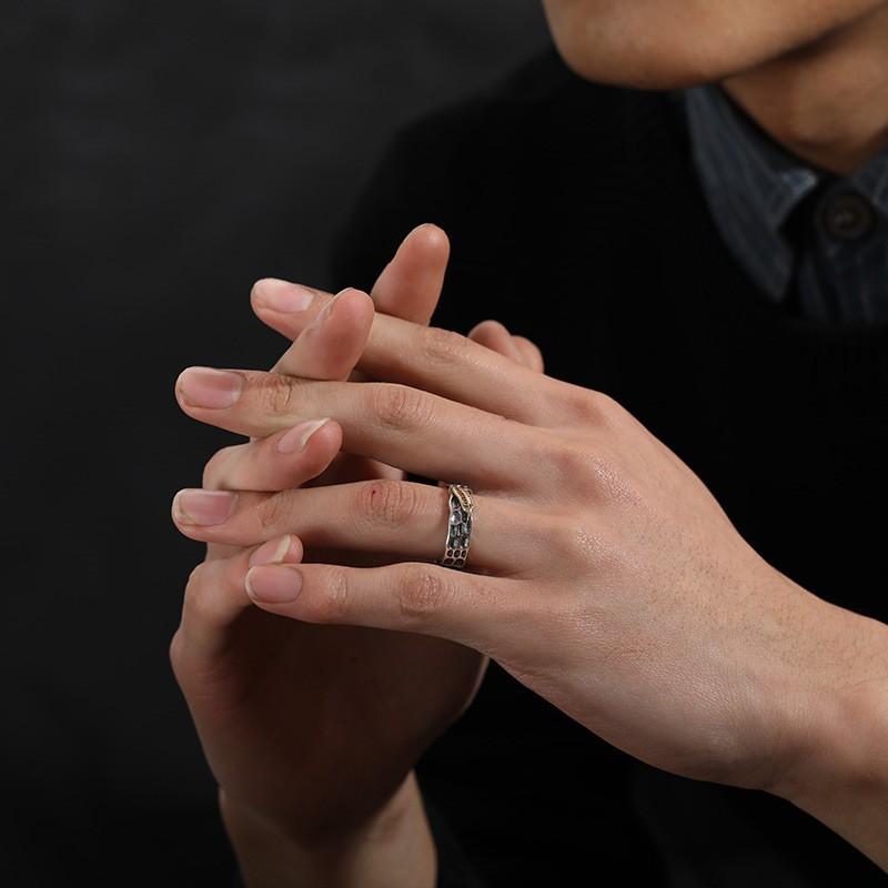 Adjustable Open Ring Men Women Vintage Feather Design Sterling Hammered Texture Geometric Band
