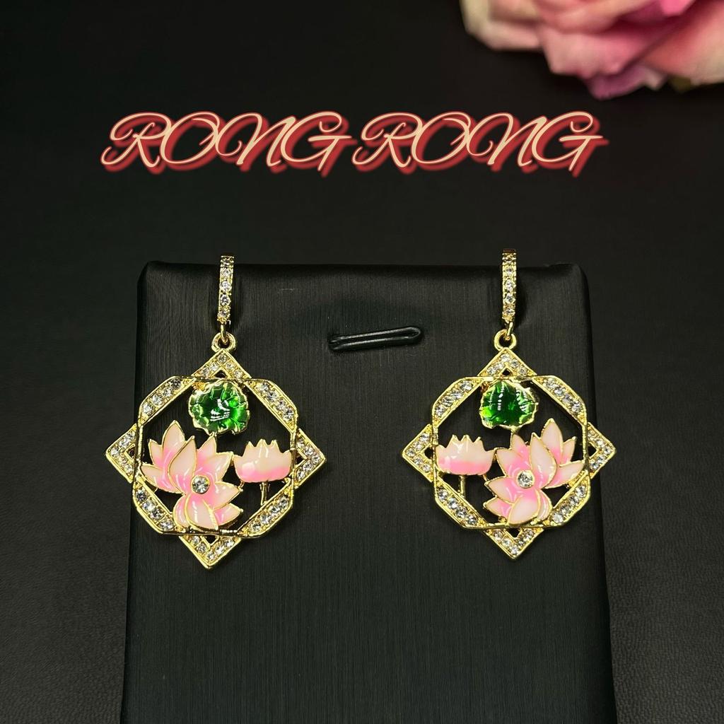 Medieval Earrings Vintage Court Style Drop Glaze Enamel Color Camellia Stud Earrings Plated 24k Gold