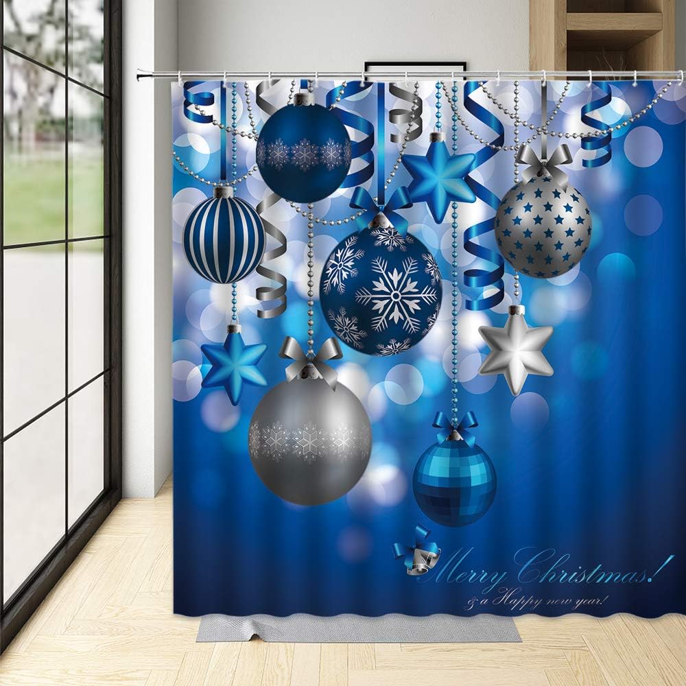 Christmas Shower Curtain With Blue And Silver Gray Xmas Balls Starswinter Holiday Happy New Year Dream Polyester Fabric Bathroom