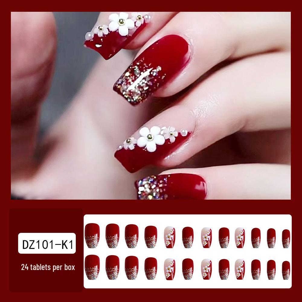 3D Camellia Wine Red Glitter Wearable Nails