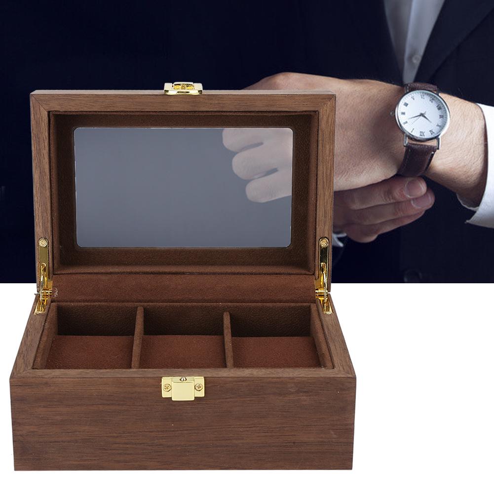Wooden 3 Grid Watch Display Box Transparent Window Watch Storage Box (Black Walnut Color)