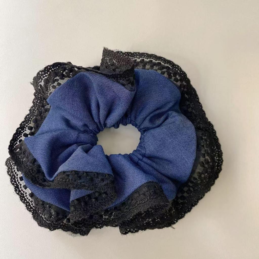 Doppellagiges Denim-Spitzen-Scrunchie im koreanischen Stil für tiefe Pferdeschwänze: Hochleistungs-Haargummi für Frauen
