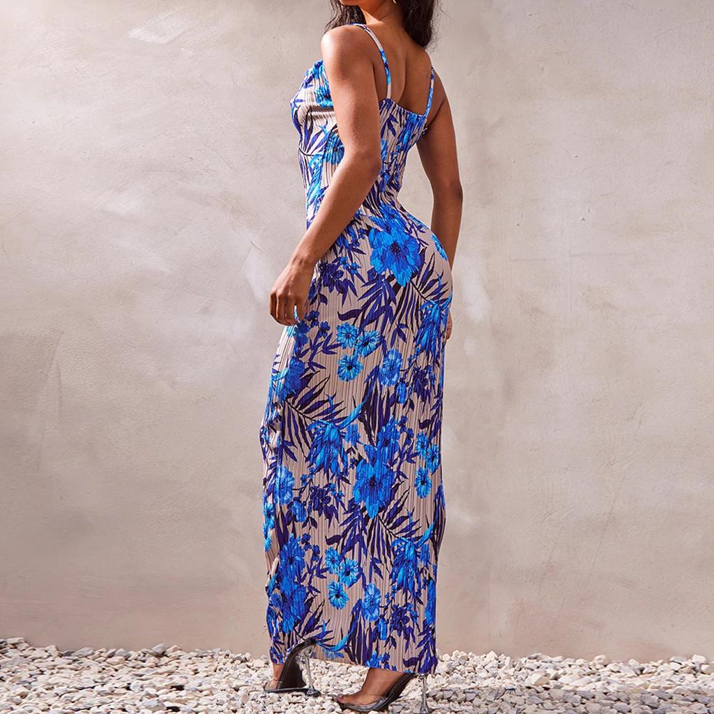 Popular Women's Printed Pleated Slim Fit Camisole Dress