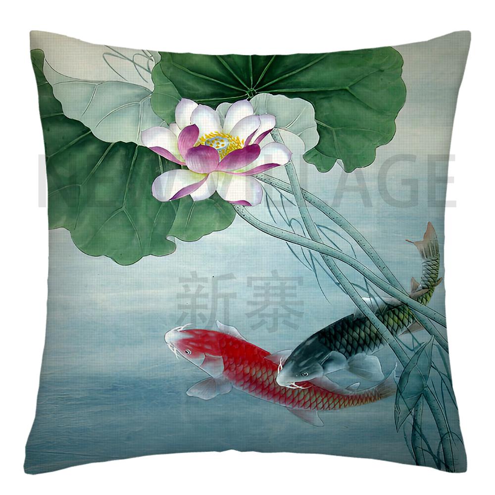 Lotus carp linen Doublesided Printed pillow cover Short plush Suitable living rooms bedrooms sofas throw cushion cover