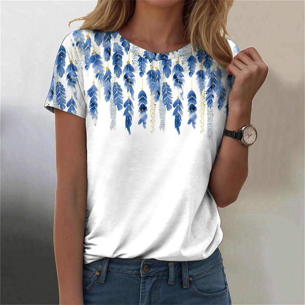 Summer Round Neck Floral Pattern 3D Print Top Fashionable Casual Short Sleeved Women's T-shirts