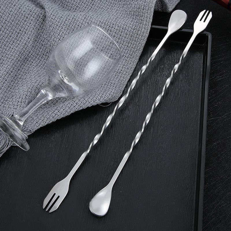 304 Stainless Steel Long Handle Bar Spoon Dual-purpose Mixing Fork Ice Cocktail Coffee and Tea Tableware Spoons Kitchen Dining
