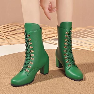 Moda 2024 Zapatos de Mujer Media Caña Botas de Mujer Talla Grande Botas Modernas Mujer Punta Redonda Tacones Gruesos Cordones Delanteros Zapatos de Dama Roma