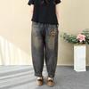 Women Vintage Ethnic Embroidery Jeans Elastic Waist Loose Harem Cropped Denim Pants With Frog Buttons