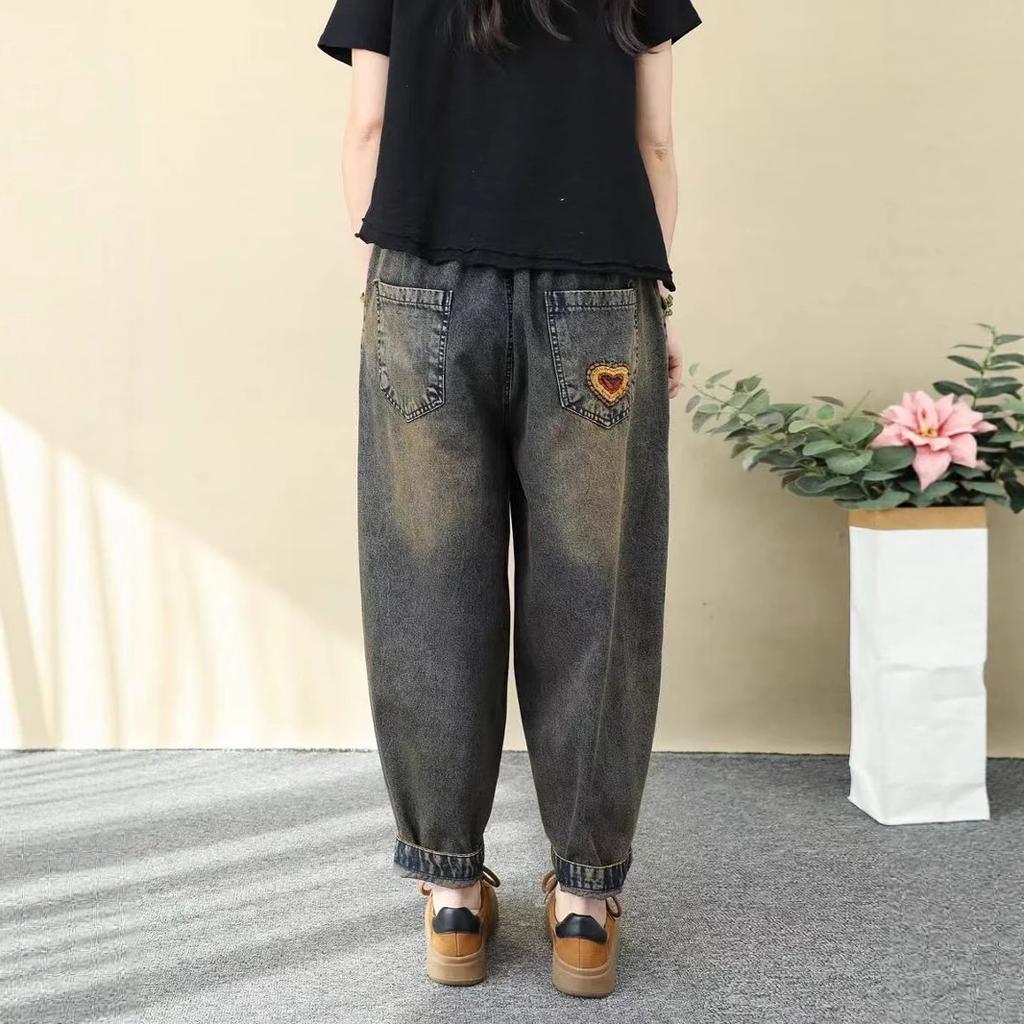 Women Vintage Ethnic Embroidery Jeans Elastic Waist Loose Harem Cropped Denim Pants With Frog Buttons
