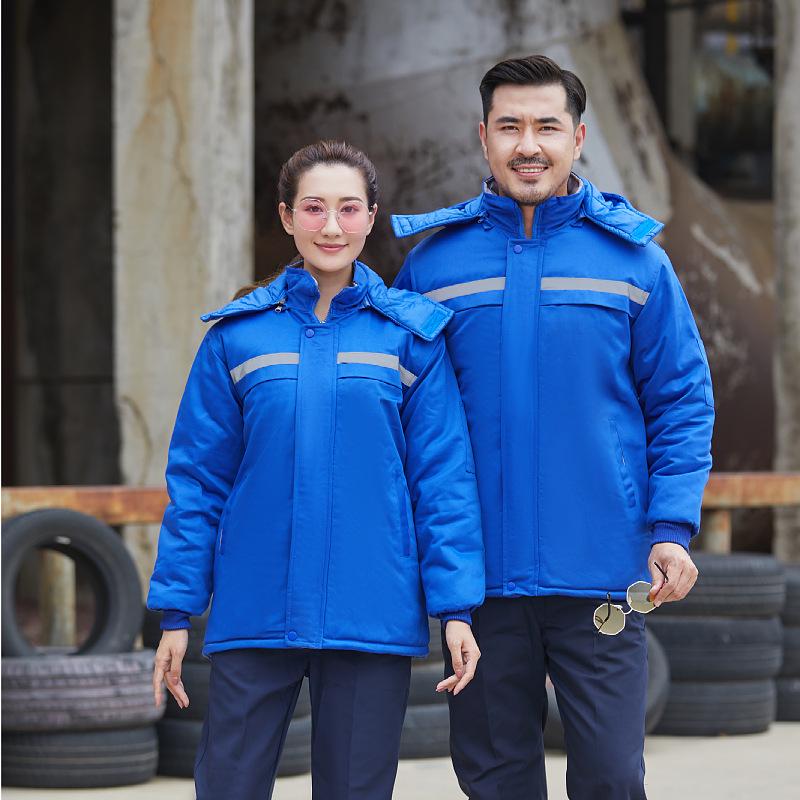 Autumn/Winter Reflective Hooded Cotton Work Jacket - Windproof, Cold-Resistant, for Auto Repair and Cold Storage.