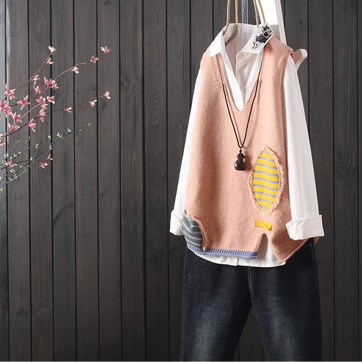 Autumn Winter Women's Loose Knitted Vest Sleeveless Vest Literary Color-block V-neck Pullover Knit Waistcoat