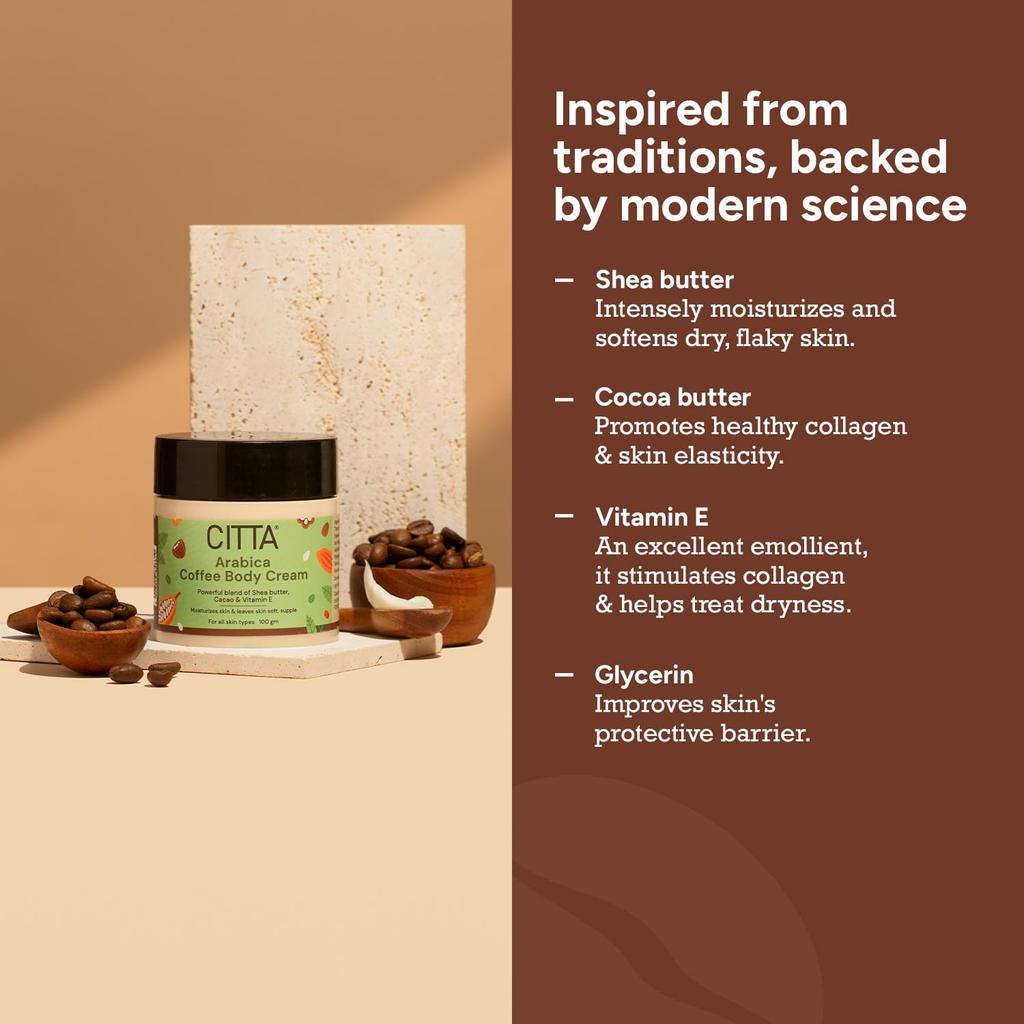 CITTA Arabica Kaffee Körpercreme Für Männer & Frauen | Reichhaltige Feuchtigkeitspflege & Intensive Nährpflege | Perfekte Lösung Trockenheit | 100 g