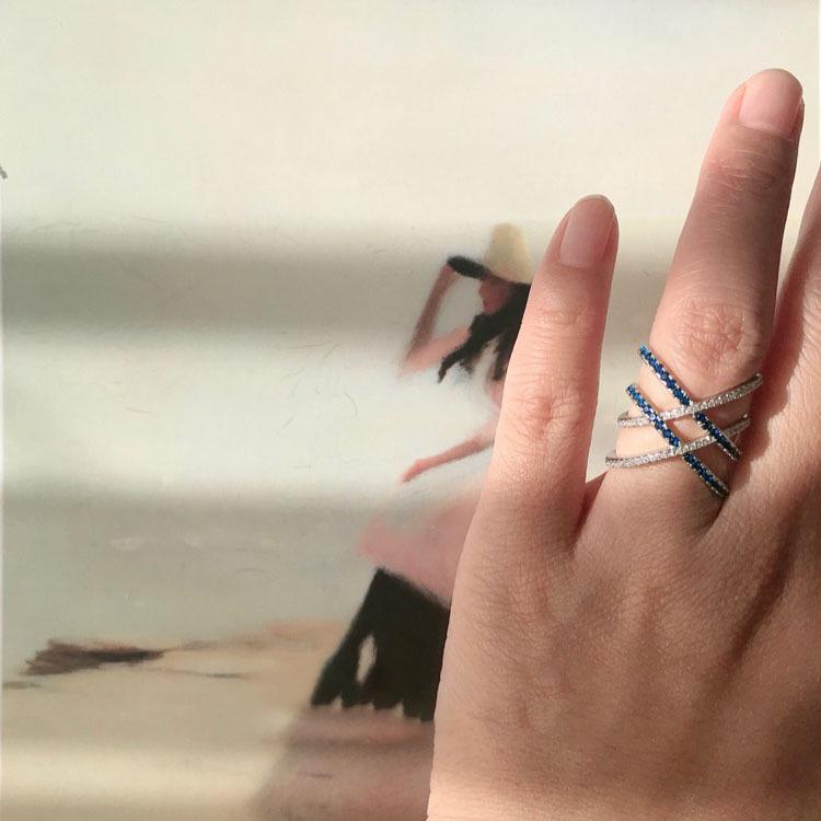 

Женское кольцо класса люкс из стерлингового серебра 925 пробы с синими и белыми бриллиантами US Size 8