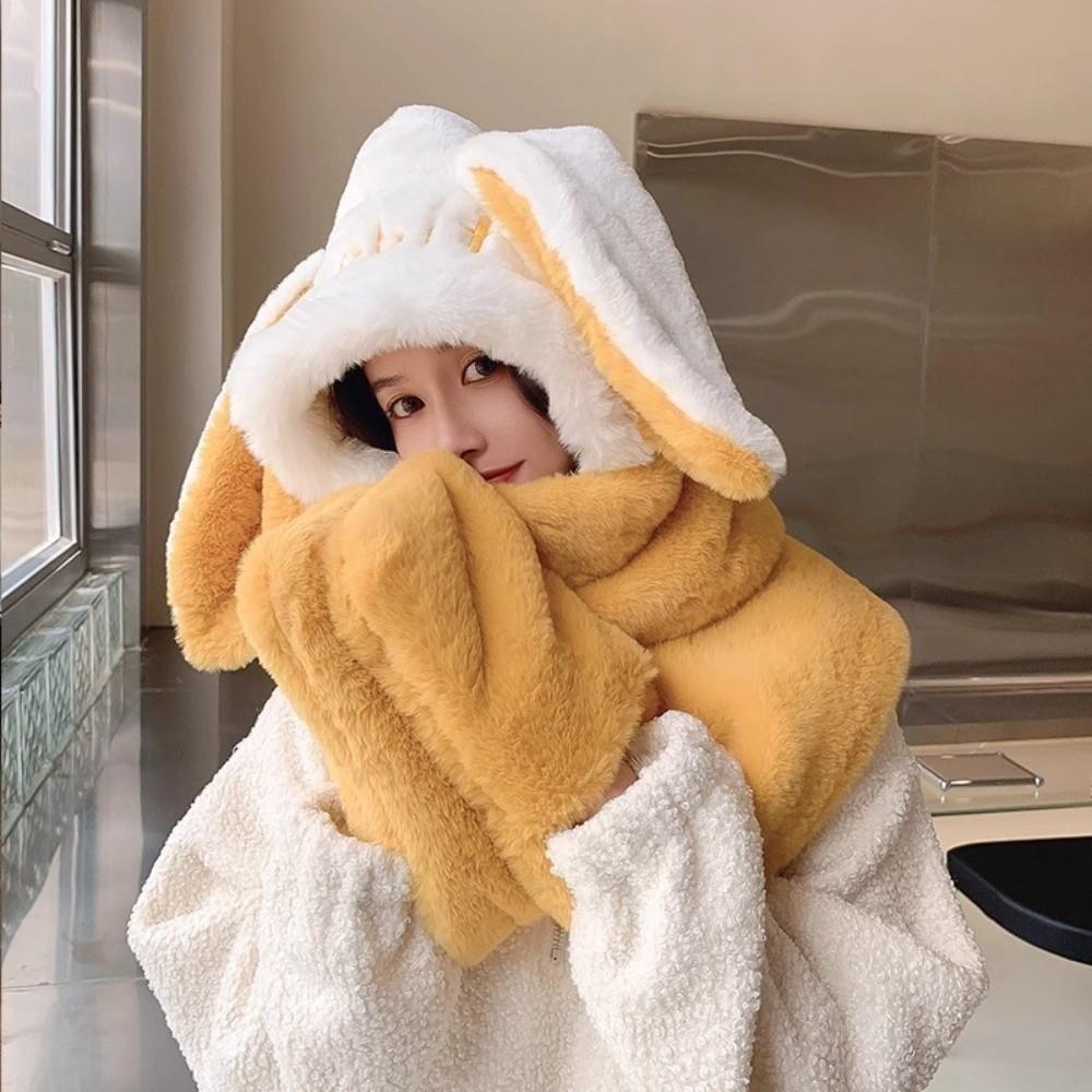 Thicken Plush Scarf Hat Gloves Set Keep Warm Plush Scarf Cute Hooded Scarf  Women Girls