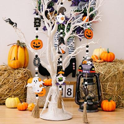 Halloween Decoration Prop Wooden Beads Pendant Gnome Pumpkin Bat Ghost Hanging Ornaments For Wall Home Party Supplies Gift