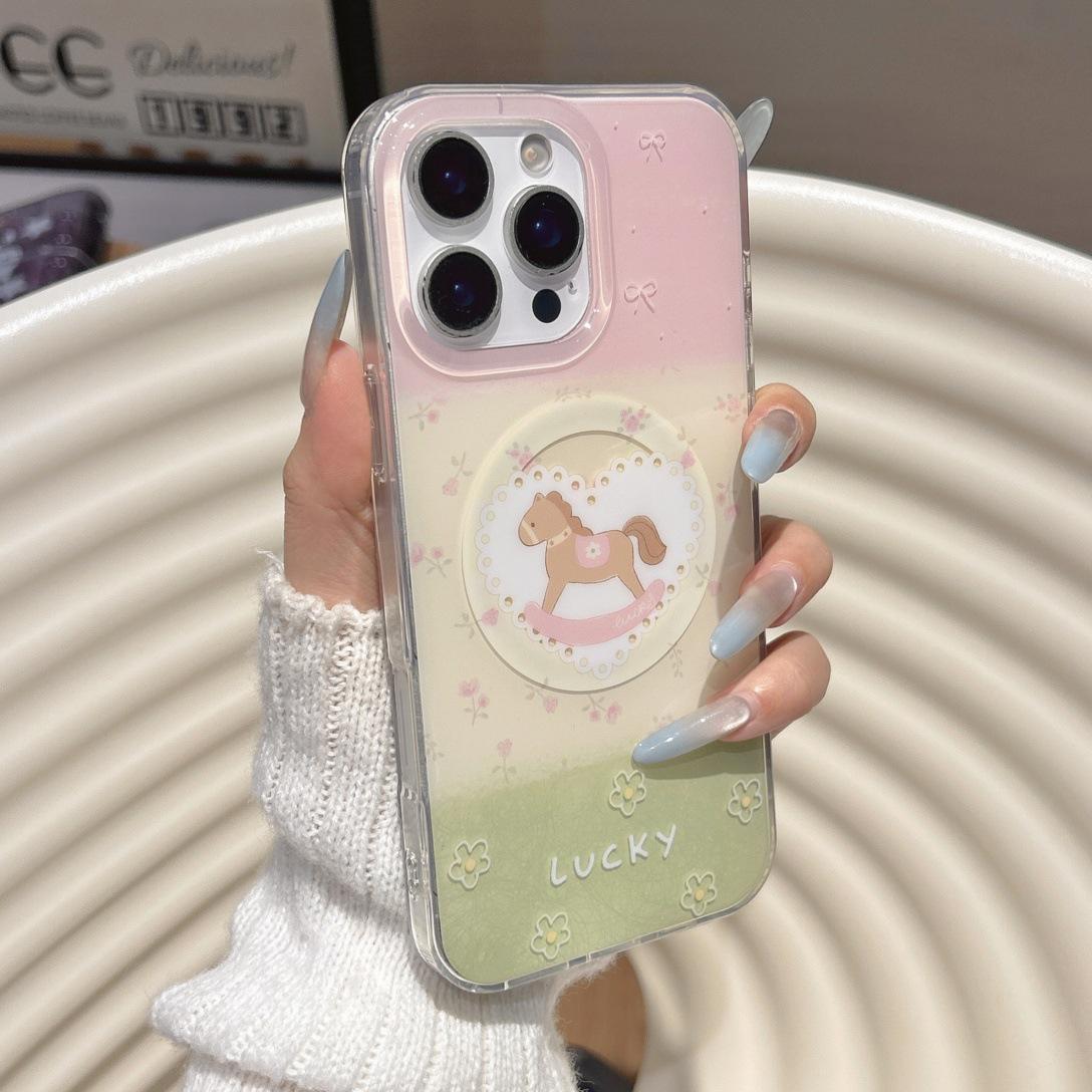 

Cute Love Heart Wooden Horse Magnetic Stand Phone Case with Beaded Chain for iPhone 15/16/17 Pro Max iPhone 16 Pro