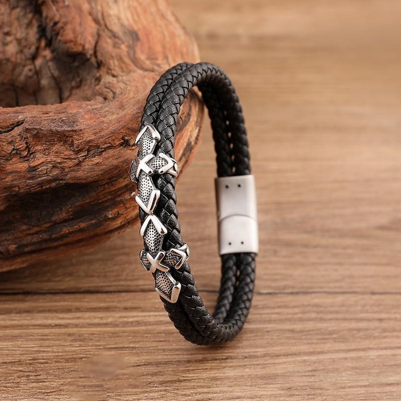 Stainless Steel Magnetic Clasp Braided Leather Bracelet Men Minimalist Multi-Layer Geometric Design