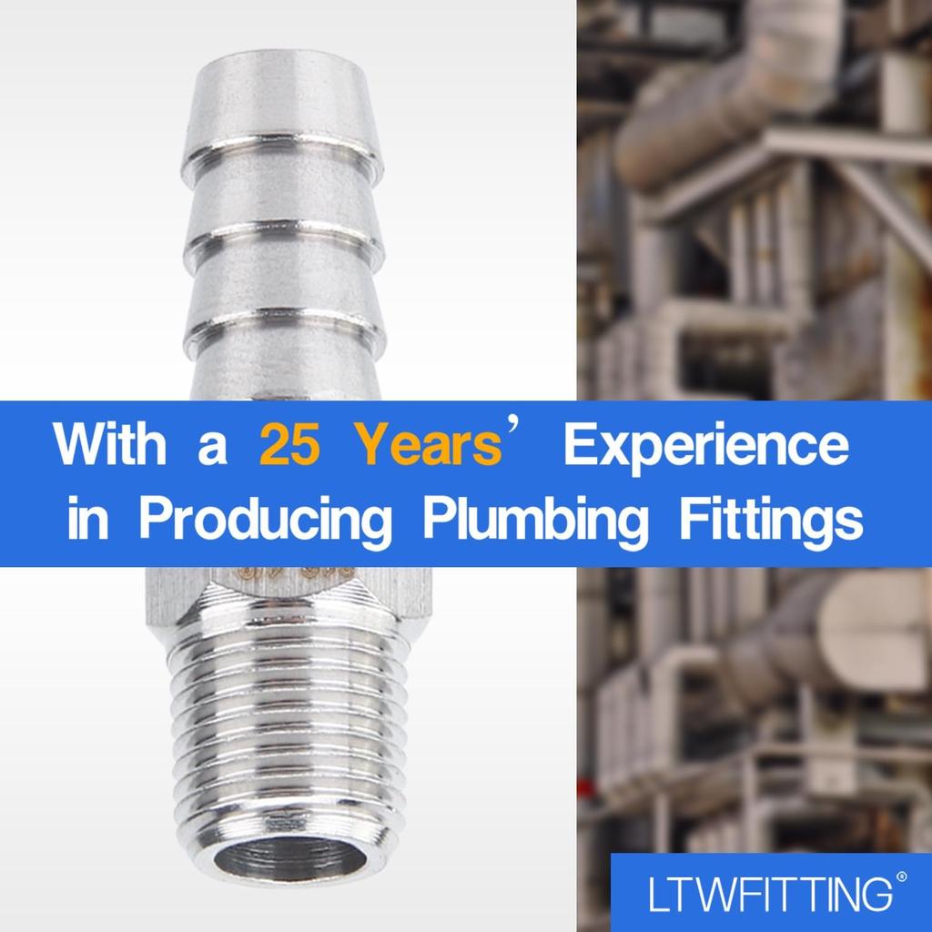 LTWFITTING Bar Production Stainless Steel 316 Barb Fitting Coupler/Connector 5/16" Hose ID X 1/8" Male NPT Air Fuel Water (Pack of 25)
