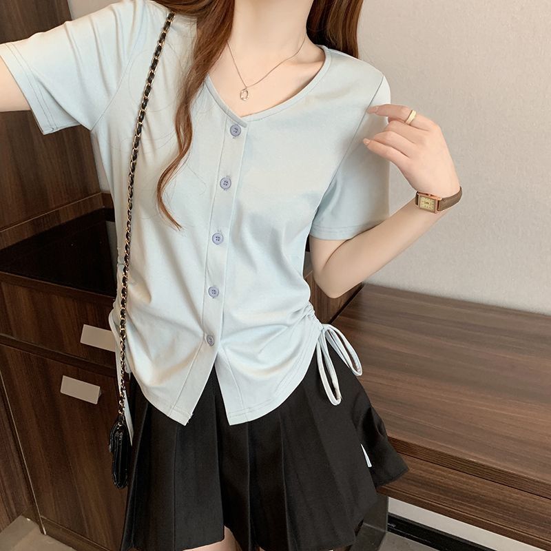 Oversized Women's Clothing Design Looks Slim Drawstring V-neck Irregular Shoulder Short Sleeved T-shirt Summer Trend