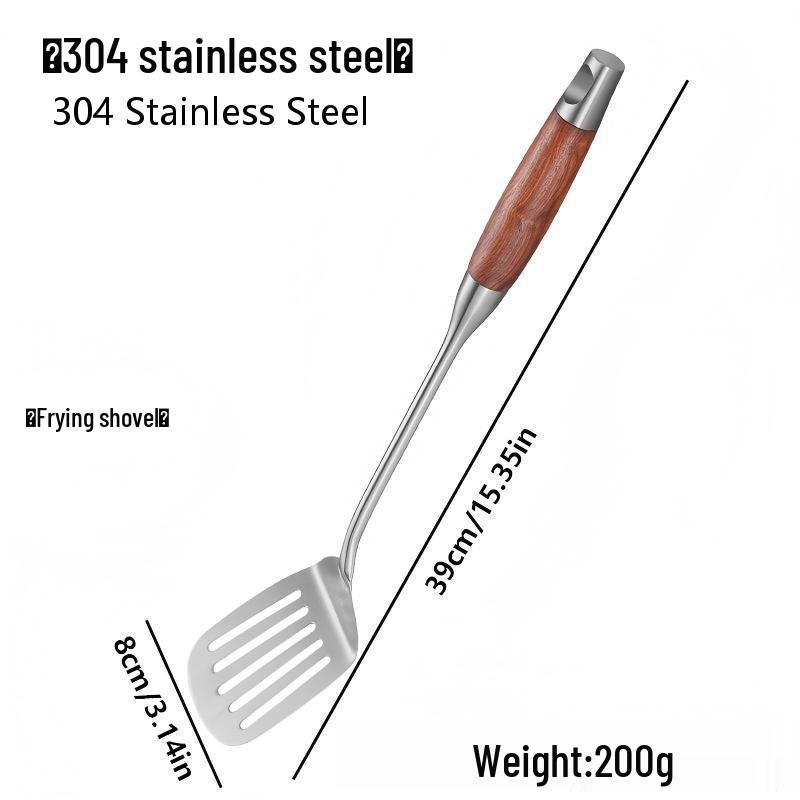 304 Stainless Steel & Wooden Handle Cookware Set: Spatula, Soup Ladle, Wok Spatula, Slotted Spoon, Iron Spatula for Stir-Fry & Frying Pan