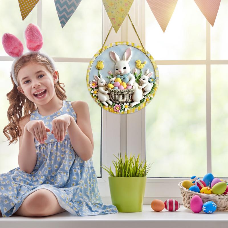 Easter Door Sign Acrylic Bunny Family Round Ornament  Hangable Spring Wall Art Hanging Pendant Happy Easter Day Party Decor