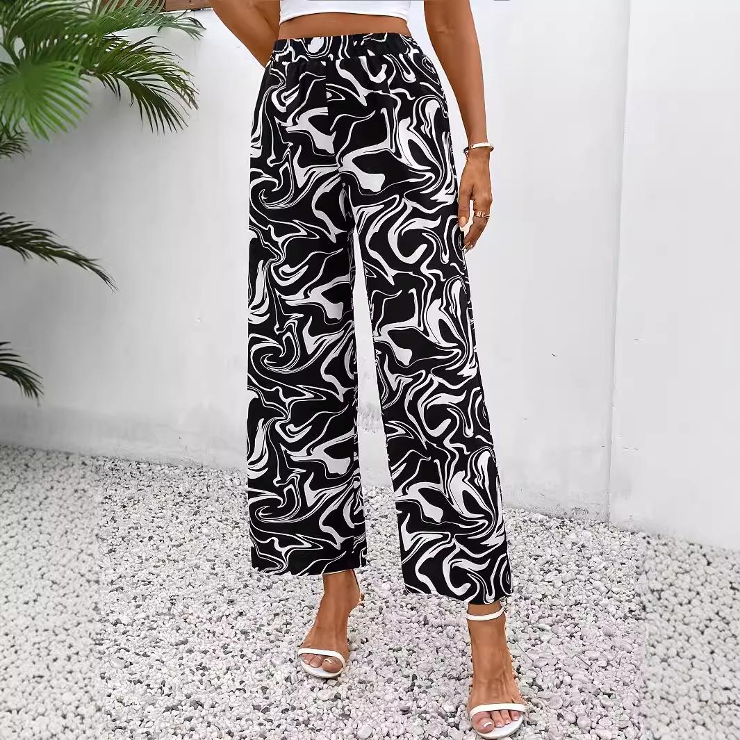 

Women s 2025 Marble Print High Waist Elastic Straight Leg Pants Large