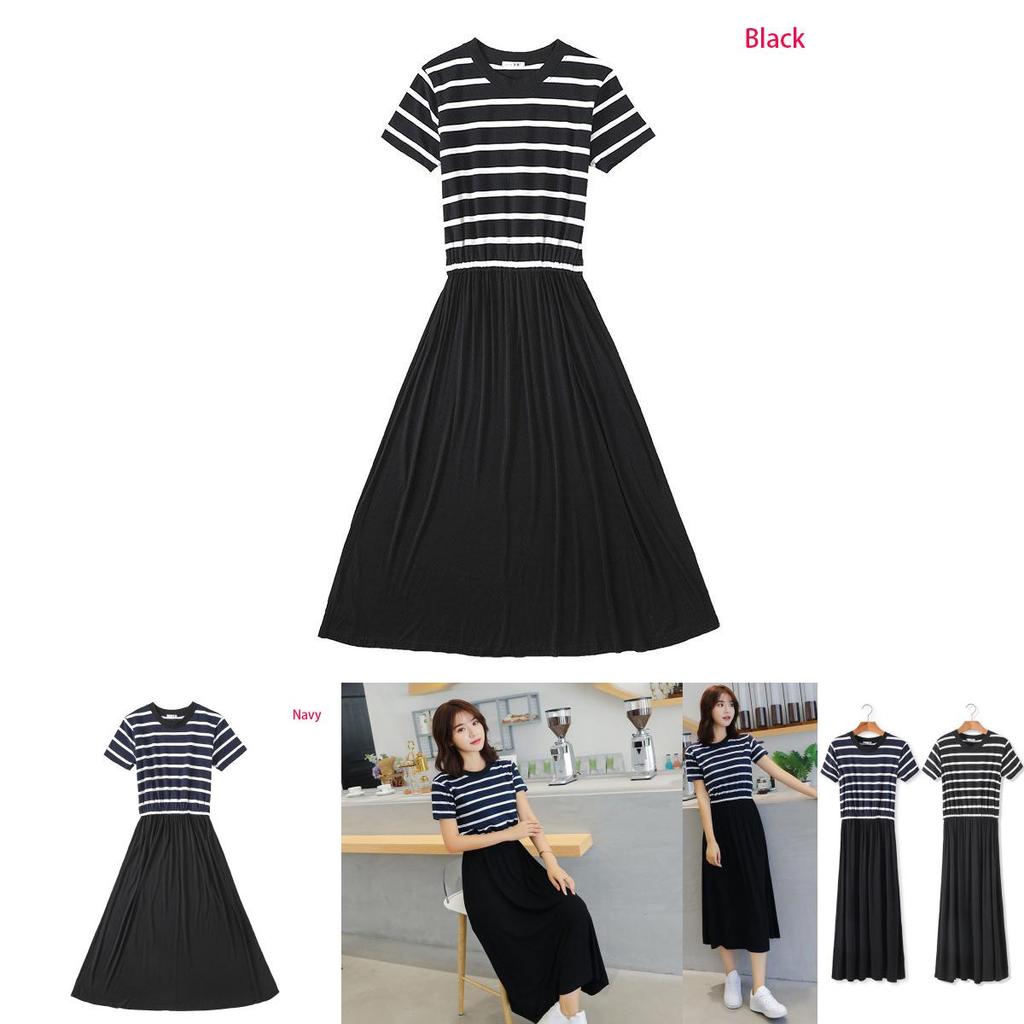 Premium Quality Women Summer Dress Casual Stripe Tank Short Sleeve Long Dress For Versatile Summer Style