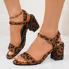 Large size European and American high-heeled sandals summer new round head leopard print thick heel one-word buckle sandals