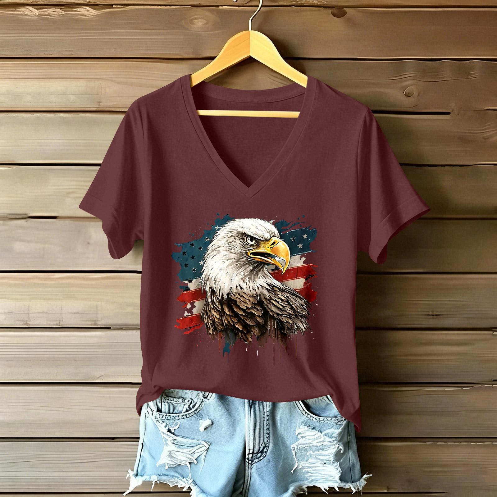 

Women s Fashionable V-Neck Casual Retro Print Short Sleeved T-shirt Top M винний