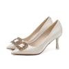 7-Square Buckle Rhinestone Banquet Red Wedding Shoes Women's Pointed Heel Satin High Heels Bridal Bridesmaid Xiuhe Shoes