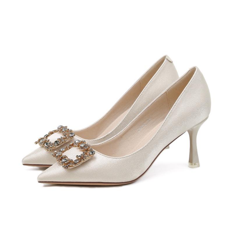 7-Square Buckle Rhinestone Banquet Red Wedding Shoes Women's Pointed Heel Satin High Heels Bridal Bridesmaid Xiuhe Shoes