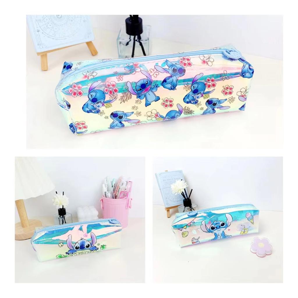 MINISO Stitch Cartoon Student Stationery Laser Pencil Bag TPU Waterproof Multifunction Stationery Storage Bag