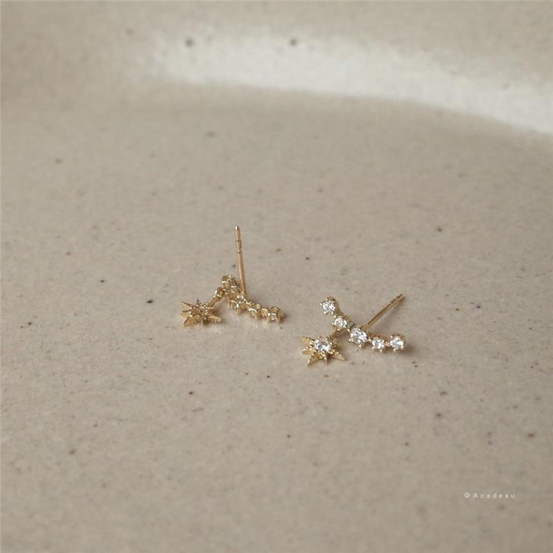 925 Sterling Silver Plating 14k Gold Crystal Star Sun Stud Earrings Women Elegant Banquet Jewelry