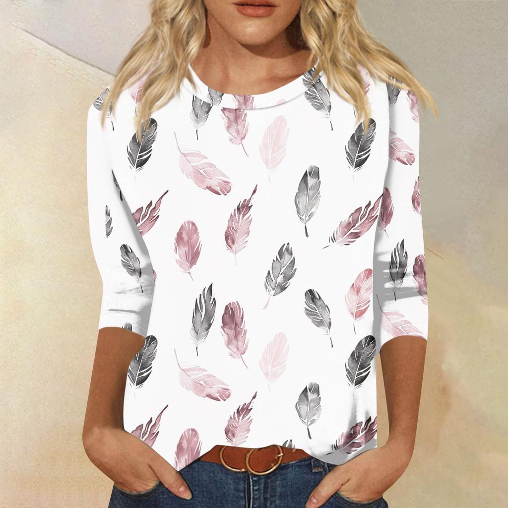 Women's Fashion Casual Round Neck 3/4 Sleeve Loose Printed T-Shirt Ladies Top