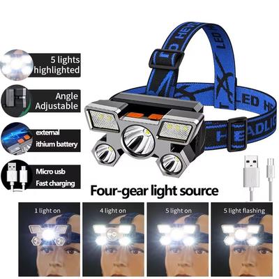 Strong Light Head Light Led Five Head Airplane Light USB Rechargeable Head-Mounted Searchlight Outdoor Headlight