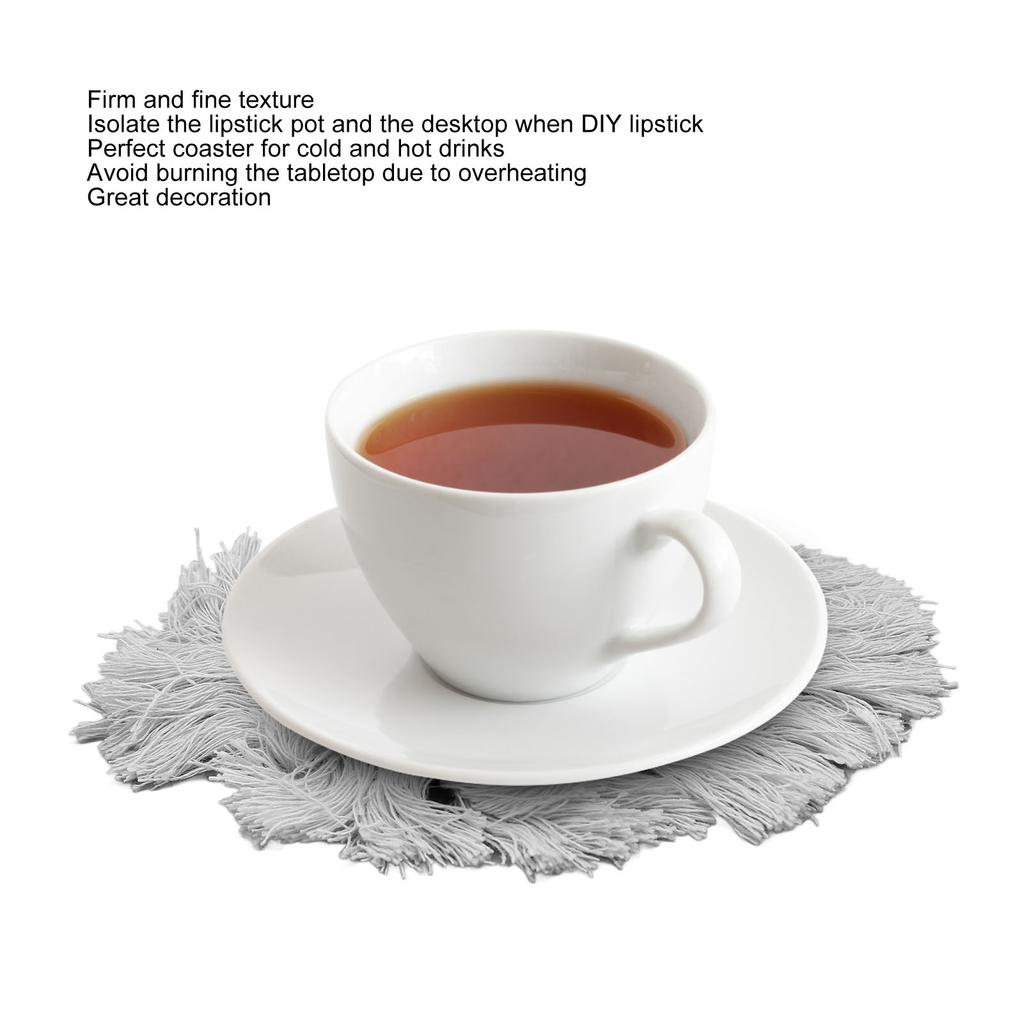 4pcs Cotton Thread Woven Drink Coasters with Tassel Round Pure Color Elegant Lipstick Pot Pads Mats