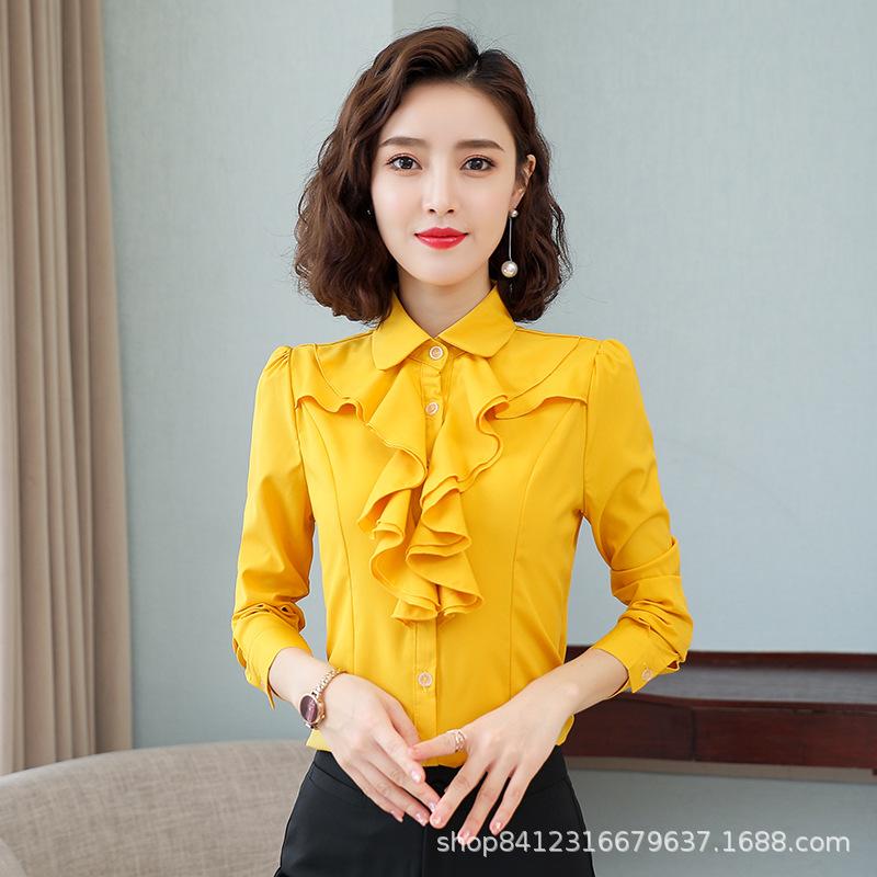 Women's Long Sleeve Blouse Peter Pan Collar Business Casual Shirt Ruffle Patchwork Solid Color Formal Office Work Top