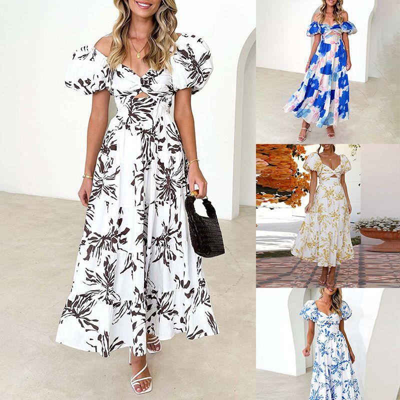 Sweet Dress2024 Fashion Summer and Autumn New Women's Clothing Sweet Elegance Florals Hollow out Shoulder-Baring Dress