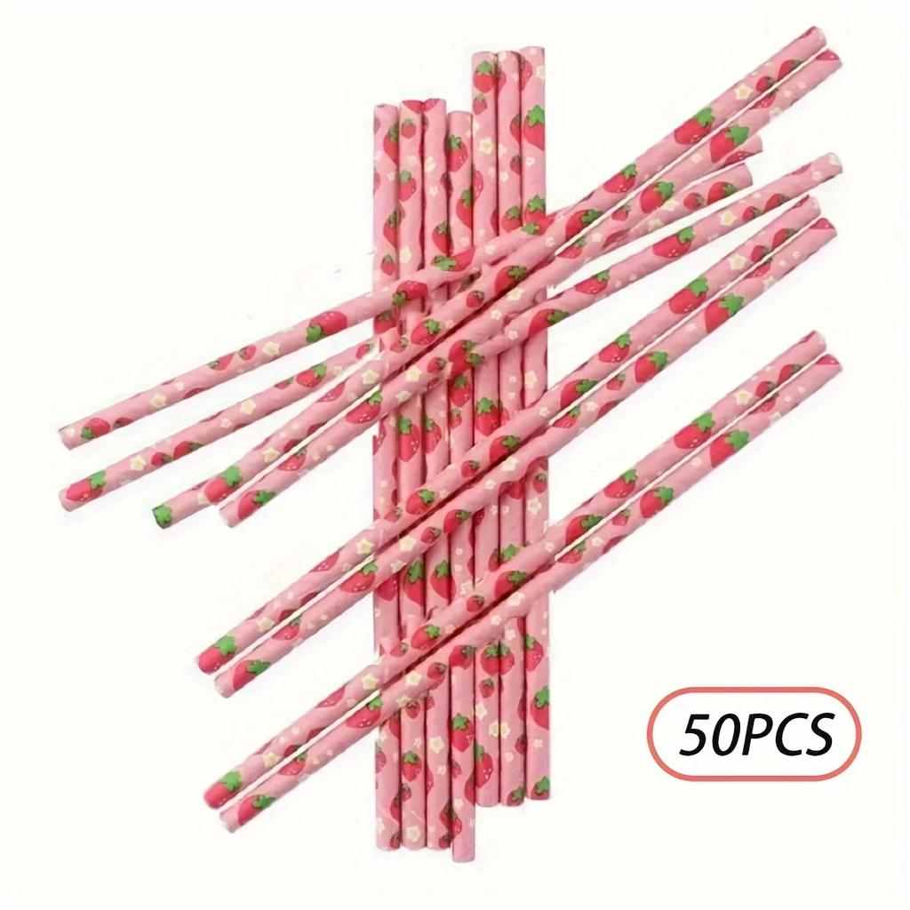 Pink Strawberry Paper Straws Set for Summer Fruit Themed Party Decorations Seaside Beach Birthday Celebration Festive Tableware