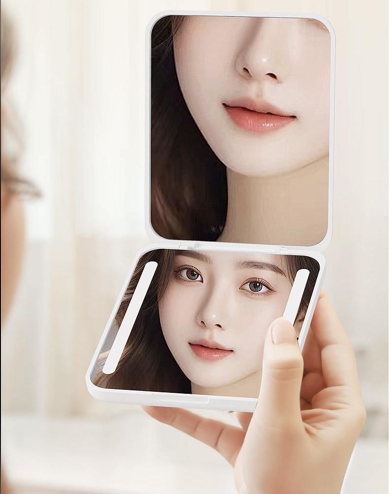 Handheld Pocket Mirror Portable Folding Handheld 1X/2X Magnification LED Compact Travel Pocket Makeup Mirror, Compact Mirror