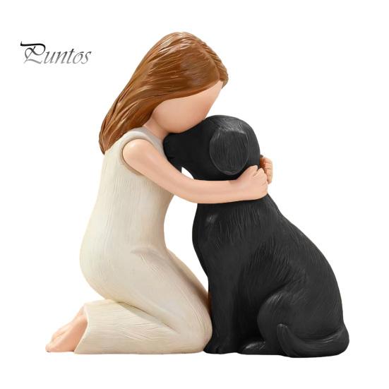 Figurina Ragazza che Abbraccia Cane in Resina Fatta a Mano, Scultura Compagno Animale Domestico Dipinta a Mano, Figurina Commemorativa Marrone Nero Ornamento da Scrivania, Ricordo